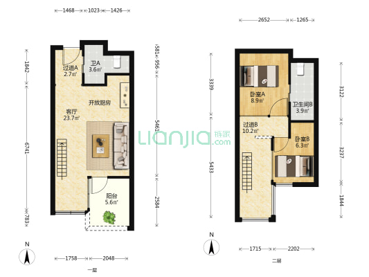 完美金鹰广场 2室1厅2卫 53平方