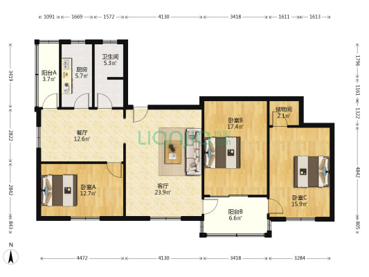 电视塔路一段63号 3室2厅1卫 124平方