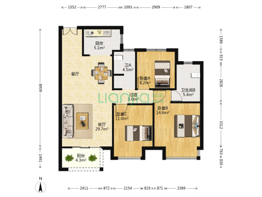 华润置地悦玺 3室1厅2卫 119平方