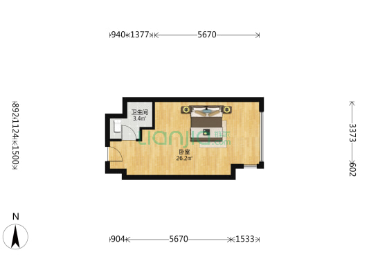 高铁站旁精装一居，户型方正采光好。-户型图