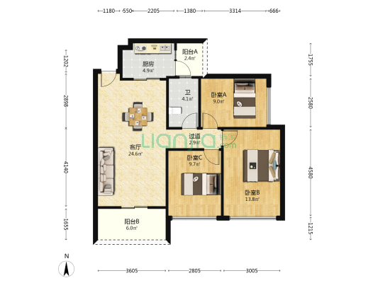 凯柏·瑞信美域 3室1厅1卫 90平方
