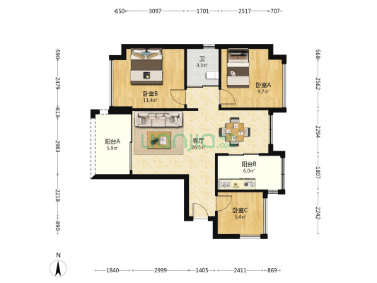 万燊花苑 3室1厅1卫 86平方