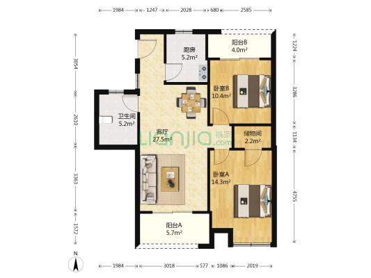 东渡湖韵青城花园 2室1厅1卫 90平方