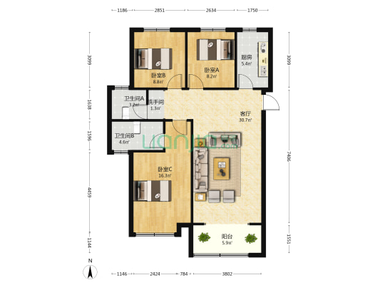 美的满庭芳 3室1厅3卫 117平方
