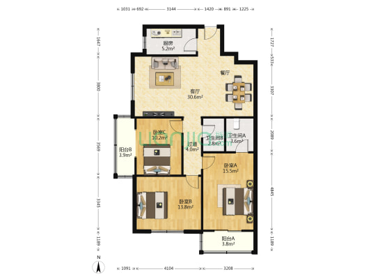 恒顺花园 3室1厅2卫 123平方
