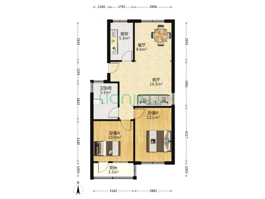 汇丰粮油宿舍 2室2厅1卫 90平方