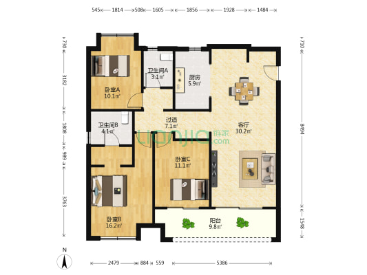 绿地新里城名仕公馆E02 3室1厅2卫 120平方