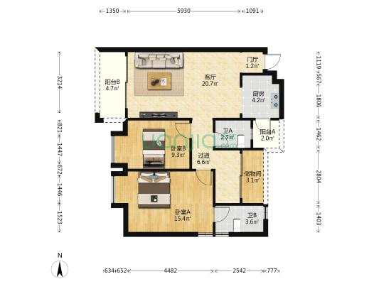 东山佳园 2室1厅2卫 90平方