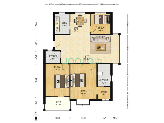旺家园 3室2厅2卫 104平方