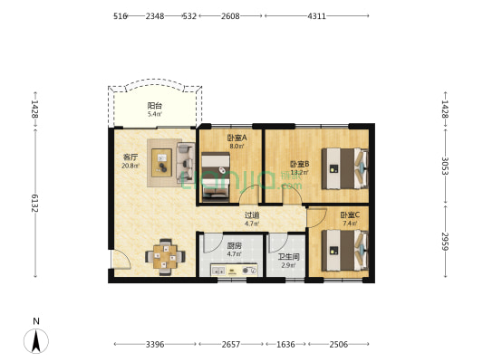 龙基花园 3室1厅1卫 80平方