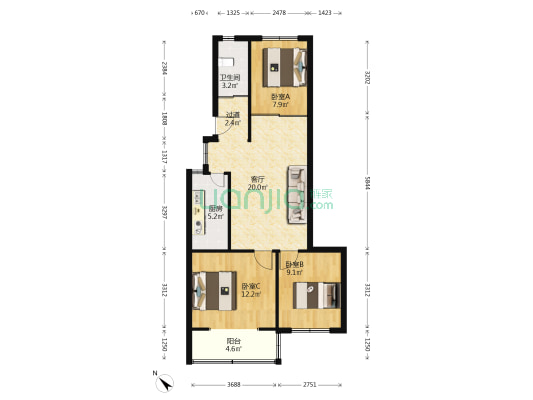 振宏小区 3室1厅1卫 80平方