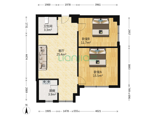 中环湖畔 2室1厅1卫 87平方