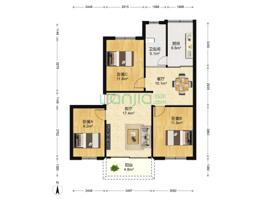 绿洲花园 3室2厅1卫 90平方