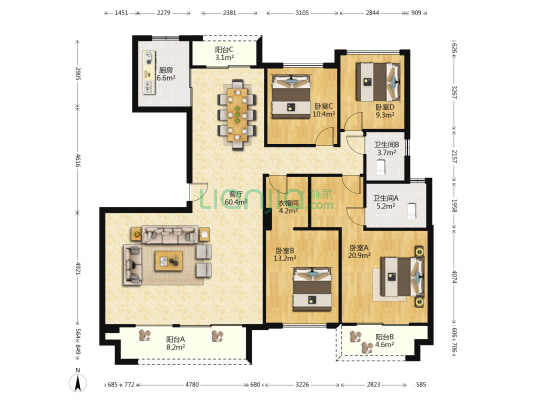 中天栖溪里 4室1厅2卫 169平方