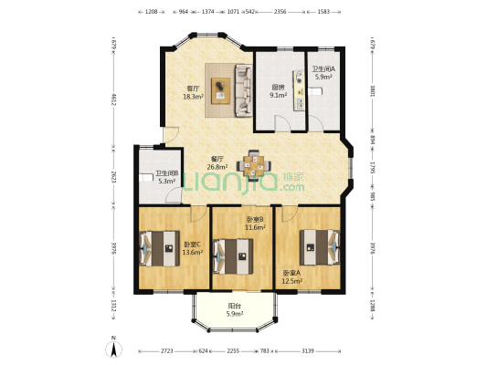 孝思房 3室2厅2卫 129平方