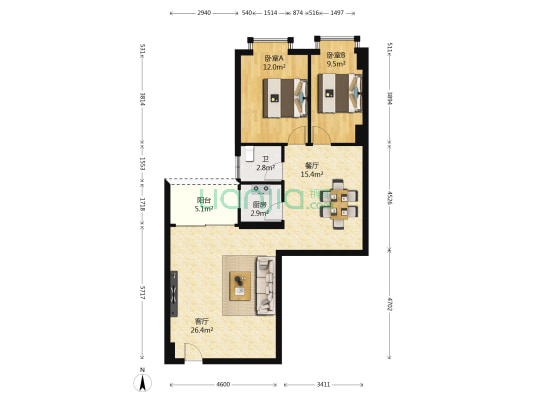 恒康阁 2室2厅1卫 93平方