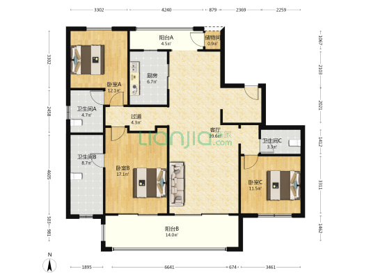 明园龍玺 3室1厅3卫 164平方