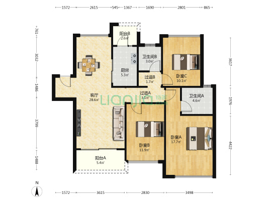 华润润府一期 3室1厅2卫 108平方