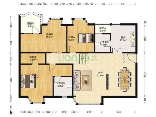 加州城市花园 3室1厅2卫 159平方