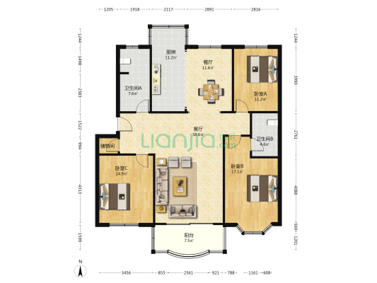 界龙新世纪公寓 3室2厅2卫 146平方