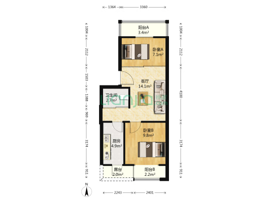 海逸诗阁D区 2室1厅1卫 59平方