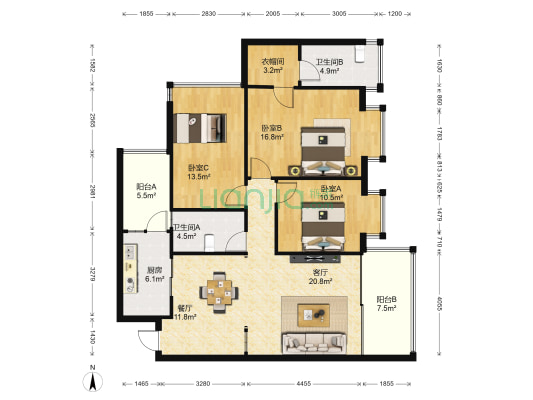 澳洲假日 3室2厅2卫 126平方