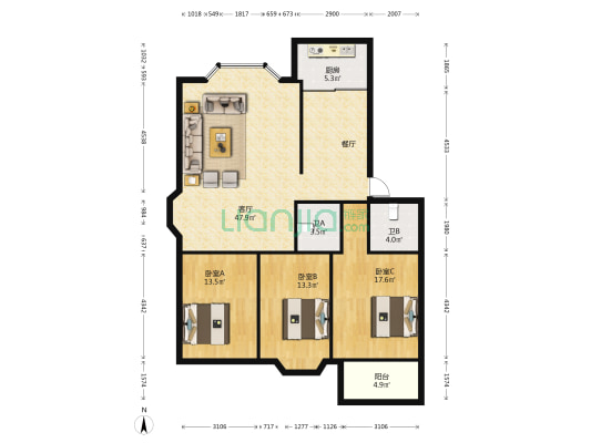 同善小区 3室1厅2卫 125平方