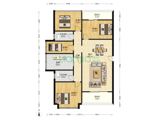 聚豪园 4室1厅2卫 150平方