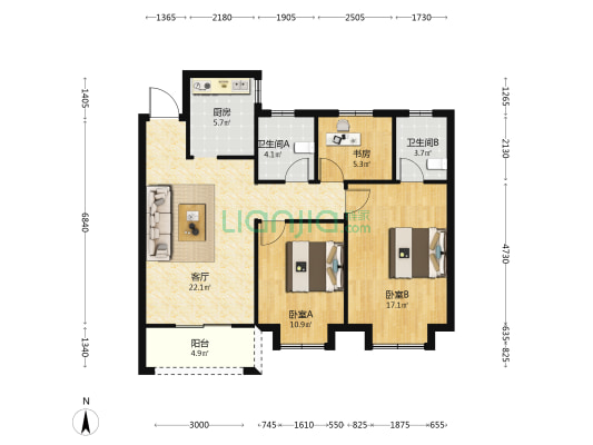 新喜云天花园 3室1厅2卫 110平方