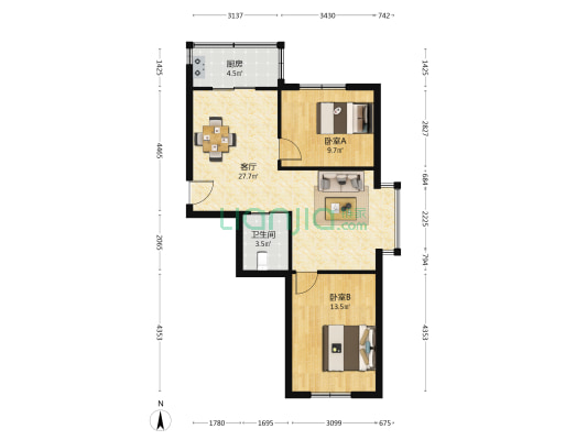 靓墅花园 2室1厅1卫 75平方