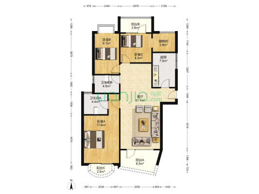 万科温馨家园 3室1厅2卫 116平方