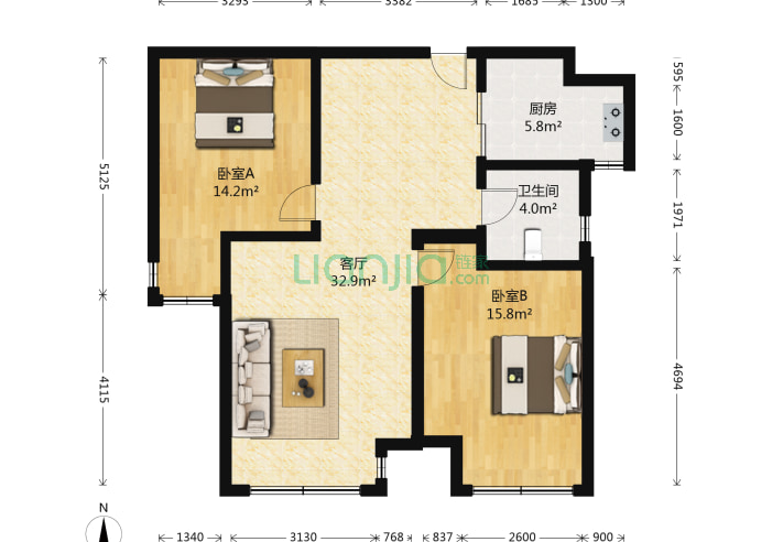 2室1厅1卫83.66㎡-北京龙山华府户型图