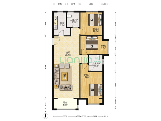 九鼎公馆二号院 3室1厅2卫 128平方