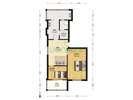 金仙桥路3号 2室1厅1卫 61平方