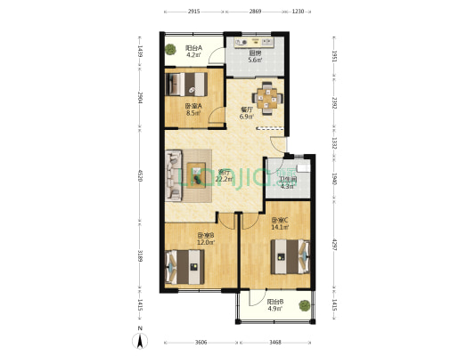 怡教园 3室2厅1卫 96平方