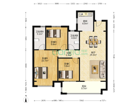 东原启城三/四期 3室1厅2卫 125平方