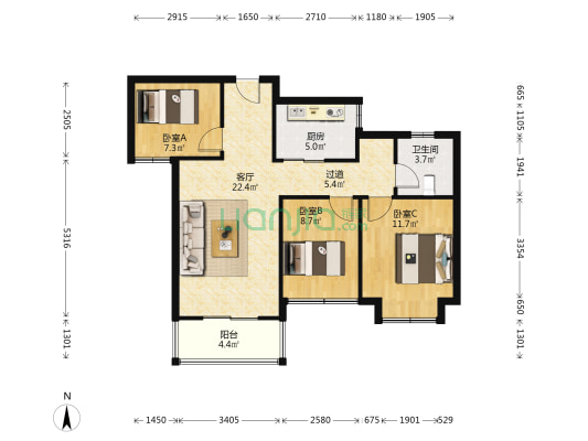 阳光城翡丽湾北区 3室1厅1卫 91平方