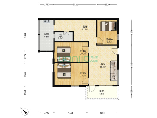 七中宿舍 3室2厅1卫 83平方
