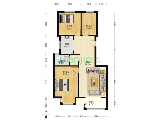 天地新城 南北通透三居 102平58万 满二，看房有钥匙-户型图