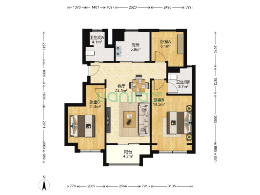 诗方轩二期 3室1厅2卫 88平方