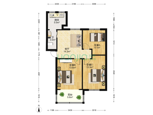 江西中医药大学阳明路教工宿舍 3室1厅1卫 80平方