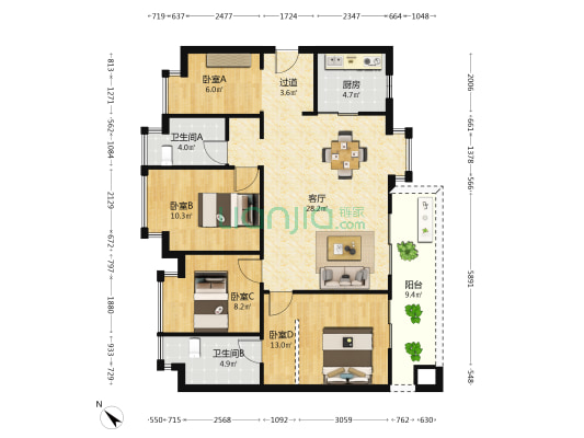金地名京 4室1厅2卫 113平方