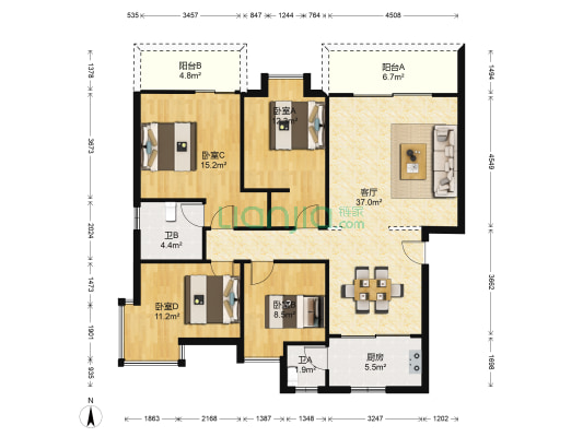 启扬花园 4室1厅2卫 122平方