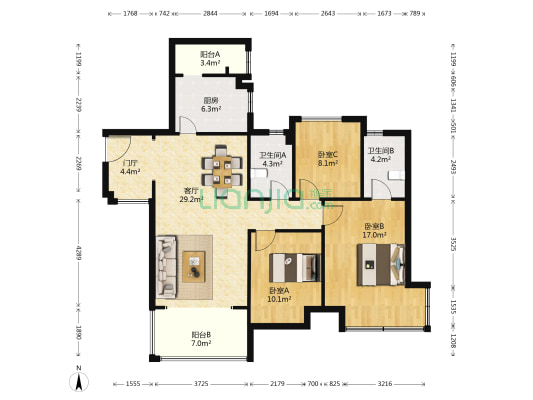 观园国际 3室1厅2卫 100平方