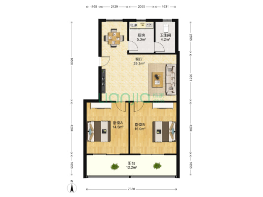 邮建宿舍 2室1厅1卫 91平方
