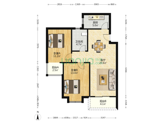 堤东花园 2室1厅1卫 80平方