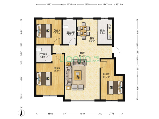 万丰公馆 3室2厅2卫 124平方