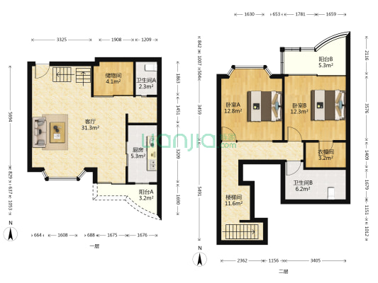 中洋公寓 2室1厅2卫 123平方