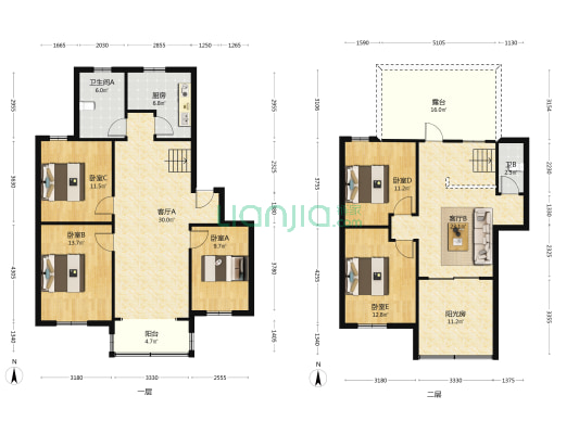 此房跃层复式、楼上楼下南北通透户型好、无遮挡采光好-户型图