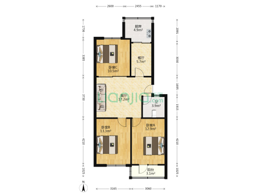 矿院楼 3室2厅1卫 90平方